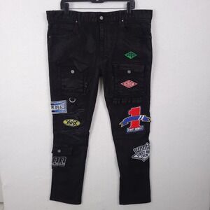 First Row Cargo Jeans Mens 38x32 Black Patchwork Streetwear Racing Edgy Biker